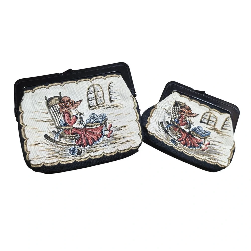 Vintage 70s Fabric Tapestry Clutch Lock Coin‎ Purse Set of 2 Black Cream Red